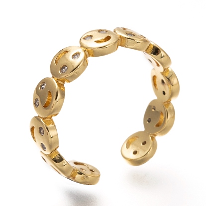 Brass Micro Pave Clear Cubic Zirconia Cuff Rings, Open Rings, Smiling Face, Cadmium Free & Lead Free