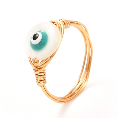 Flat Round Evil Eye Natural Shell Finger Rings for Girl Women, Golden Brass Rings