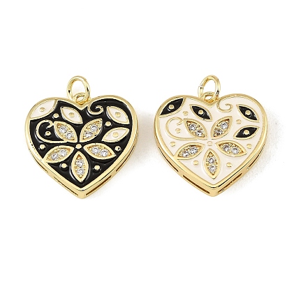 Brass Micro Pave Clear Cubic Zirconia Pendants, with Enamel, Heart with Flower Charms, Real 18K Gold Plated