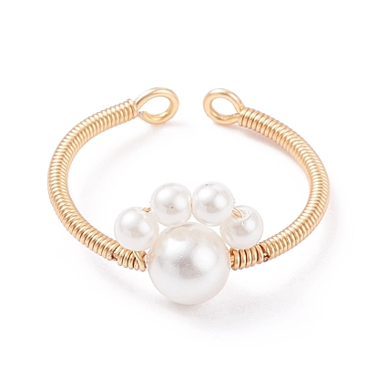 Shell Pearl Paw Print Braided Open Cuff Ring, Copper Wire Wrap Jewelry for Women