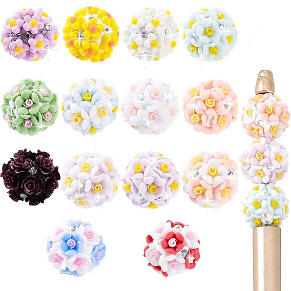 14pcs 14 style handgemachte Polymer-Ton-Perlen, mit Strass, Runde mit Rosen