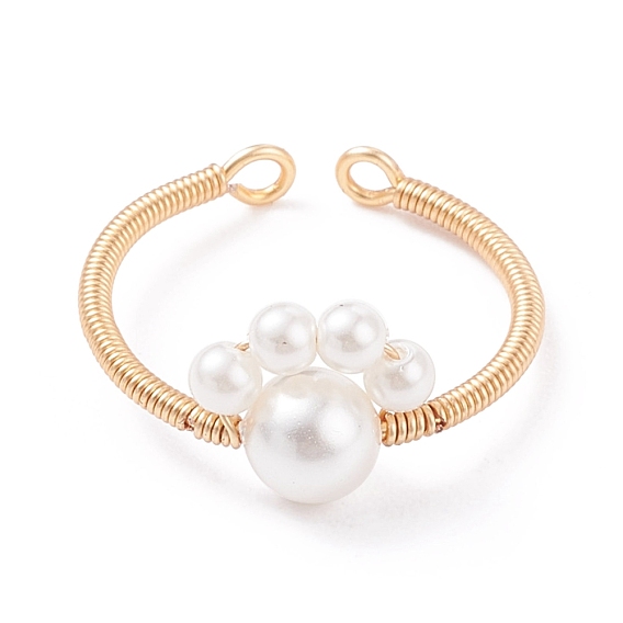 Shell Pearl Paw Print Braided Open Cuff Ring, Copper Wire Wrap Jewelry for Women