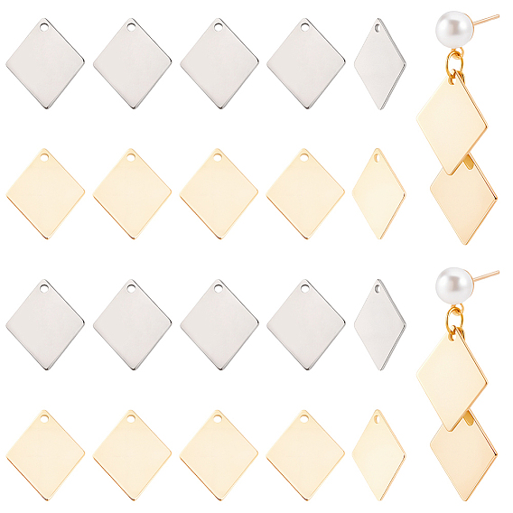 120Pcs 2 Colors 201 Stainless Steel Pendants, Stamping Blank Tag, Rhombus Charm