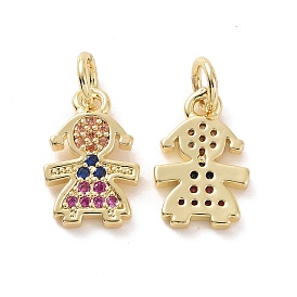 Brass Micro Pave Colorful Cubic Zirconia Charms, with Jump Ring, Girl