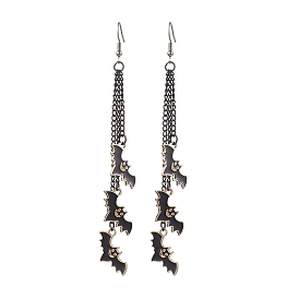 Halloween Themed Bat Alloy Enamel Dangle Earrings, Tassel Earrings, with Iron Earring Hooks & Curb Chains