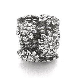 304 Stainless Steel European Beads, Large Hole Beads, Column with Leaf Pattern
