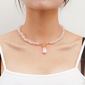 Natural Pink Stone Irregular Pearl Choker Necklace Handmade Weave Jewelry