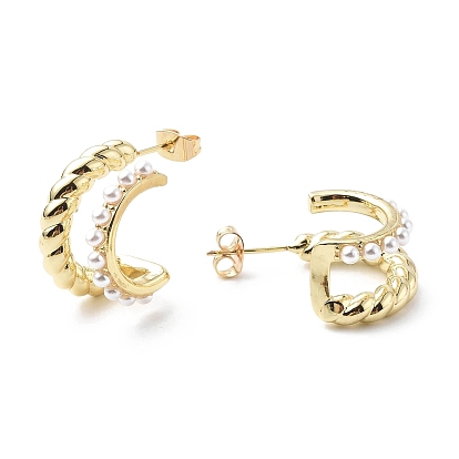 ABS Plastic Pearl Beaded C-shape Stud Earrings for Women, Brass Jewelry for Women