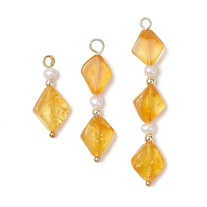 3Pcs 3 Styles Natural Lemon Amber Pendants, Rhombus Beaded Charms with Natural Pearl and Synthetic Non-magnetic Hematite Beads