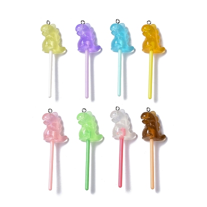 Luminous Translucent Resin Big Pendants, with Platinum Tone Iron Loops, Plastic, Glow in the Dark Dinosaur Lollipop Charm