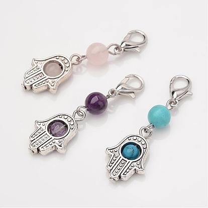 Tibetan Style Alloy Pendants, with Gemstone Beads and Lobster Claw Clasps, Hamsa Hand/Hand of Fatima/Hand of Miriam, 40mm