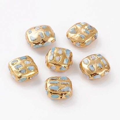 Natürliche Larimar Chips Perlen, mit Ton im Inneren & goldenen Messingbeschlägen, Würfel