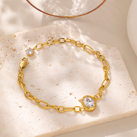 304 Bracelets en acier inoxydable sertis de zirconiums cubiques transparents ovales, style Figaro, pour femmes
