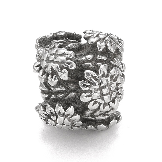304 Stainless Steel European Beads, Large Hole Beads, Column with Leaf Pattern