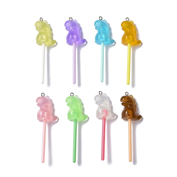 Luminous Translucent Resin Big Pendants, with Platinum Tone Iron Loops, Plastic, Glow in the Dark Dinosaur Lollipop Charm