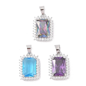 Rack Plating Brass Micro Pave Cubic Zirconia Pendants, Long-lasting Plated, Rectangle, Platinum