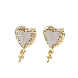 Латунные микрофибриллы с фианитами и ракушками в виде сережек-гвоздиков, долговечный, без свинца и без кадмия, стойки покрытие, сердце
