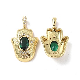 Brass Micro Pave Clear Cubic Zirconia Pendants, with Glass, Hamsa Hand Charm