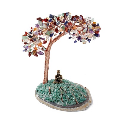 Natural Gemstone Tree Display Decoration, Buddha Statue on Agate Slice Base Feng Shui Ornament for Wealth, Luck, Rose Gold Brass Wires Wrapped