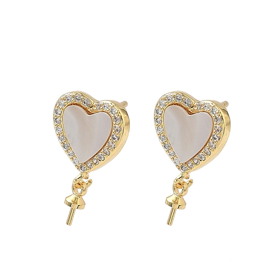 Латунные микрофибриллы с фианитами и ракушками в виде сережек-гвоздиков, долговечный, без свинца и без кадмия, стойки покрытие, сердце