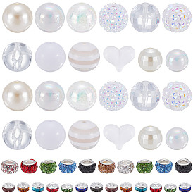 24 шт 12 стили непрозрачные акриловые бусины, круглый и сердечный, с 100шт. стразами и европейскими бусинами