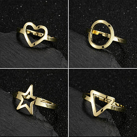 Minimalist Geometric Stainless Steel Ring Set with Heart, Star and Triangle Shapes