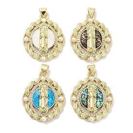 Brass Micro Pave Clear Cubic Zirconia Pendants, with Synthetic Opal and ABS Plastic Pearl, Real 18K Gold Plated, Oval with God Charms