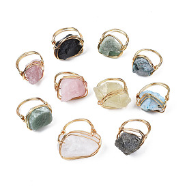 Irregular Raw Natural Gemstone Braided Finger Ring, Brass Wire Wrap Jewelry for Women