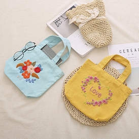 DIY Flower Pattern Handbag Embroidery Bag Kits, Including Embroidery Cloth & Thread, Needle, Embroidery Hoop, Instruction Sheet