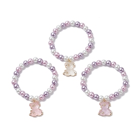 3Pcs 3 Color Glass Pearl Round Beaded Stretch Bracelets Set, Resin Bear Charms Stackable Bracelets with Rhinestone for Women