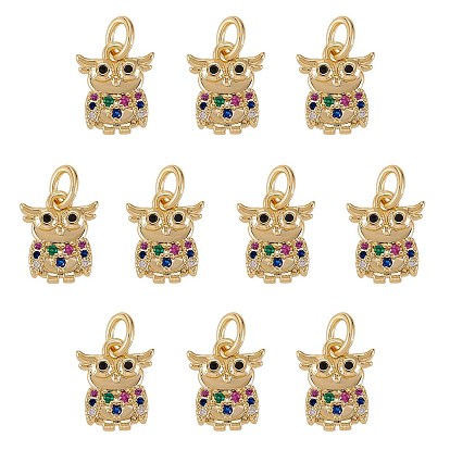 10 colgantes de zirconia cúbica micro pavé de latón chapado en rack, con anillo de salto, sin plomo y cadmio, búho