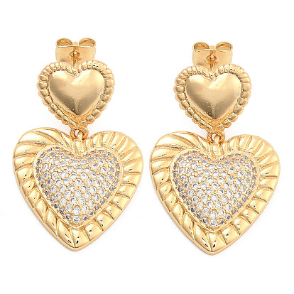 Brass Pave Clear Cubic Zirconia Stud Earrings, Heart