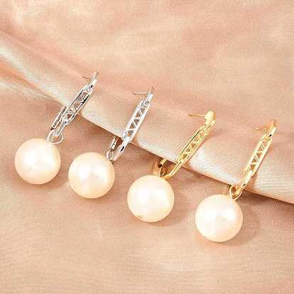 Brass Stud Dangle Earrings, with Round Glass Beads, Lead Free & Cadmium Free, Long-Lasting Plated, Rack Plating