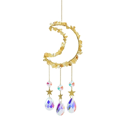 Wire Wrapped Natural & Synthetic Gemstone Chips & Metal Moon Hanging Ornaments, Glass Teardrop Tassel Suncatcher for Window Garden Decoration
