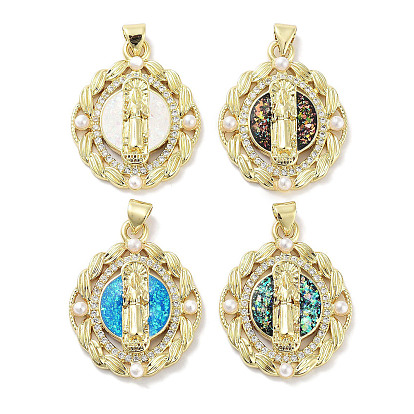Brass Micro Pave Clear Cubic Zirconia Pendants, Cadmium Free & Lead Free, with Synthetic Opal and ABS Plastic Pearl, Real 18K Gold Plated, Oval with God Charms
