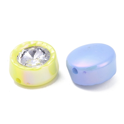 UV Plating Iridescent Acrylic with Rhinestone Beads, Flat Round