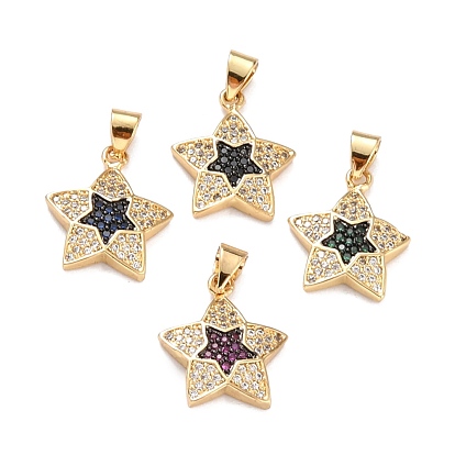 Brass Micro Pave Cubic Zirconia Pendants, Real 18K Gold Plated, Star