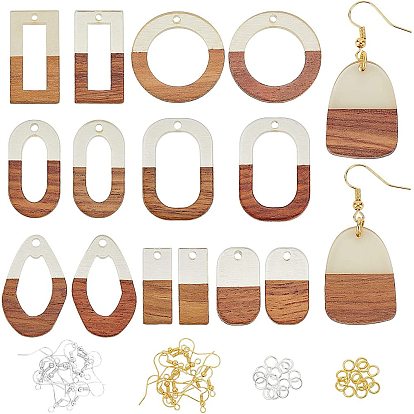 DIY Wooden Dangle Earring Making Kits, 16Pcs Teardrop & Geometry Resin & Walnut Wood Pendants, Brass Earring Hooks & Jump Rings
