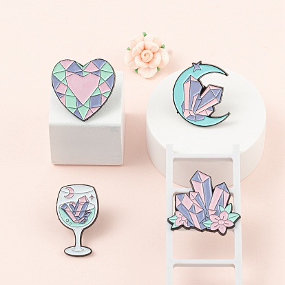 4Pcs 4 Style Alloy Enamel Brooches, Enamel Pin, with Butterfly Clutches, Heart & Flower & Moon & Wine Glass, Electrophoresis Black