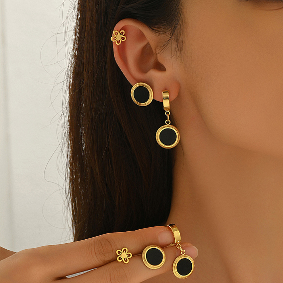3 комплекты серег из нержавеющей стали с цветком и плоскими круглыми серьгами