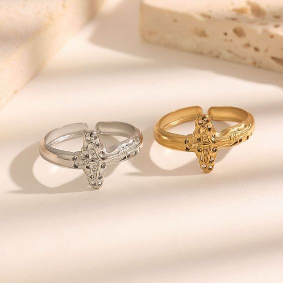 304 Stainless Steel Open Cuff Rings, Cross