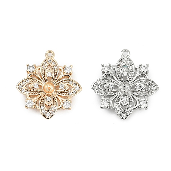Латунные микро-паве прозрачные кубические цирконии европейские подвески-шармы, привязка поручительств, за половину пробурено бисера, без кадмия, без никеля и без свинца, цветочный шарм