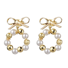 Ring & Bowknot Brass Dangle Stud Earrings, Shell Pearl Beaded Drop Earrings