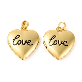 Rack Plating Brass Locket Pendant, with Enamel, Long-Lasting Plated, Heart with word Love