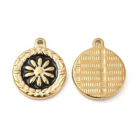 Vacuum Plating 201 Stainless Steel Enamel Pendants, Real 18K Gold Plated, Flat Round with Flower Charm