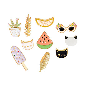 Cute Cartoon Fruit Watermelon Cat Glasses Ice Cream Brooch Pin with Feather and Wheatgrass Pot