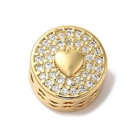 Flat Round with Heart Pattern Rack Plating Brass Micro Pave Cubic Zirconia European Beads, Large Hole Beads, Cadmium Free & Lead Free, Long-Lasting Plated, Real 18K Gold Plated