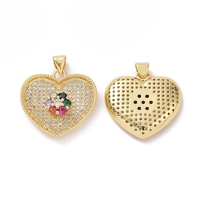 Brass Cubic Zirconia Pendants, Cadmium Free & Lead Free, Heart with Flower Charm