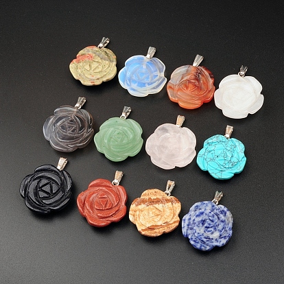 Natural & Synthetic Gemstone Pendants, with Platinum Tone Brass Findings, Flower