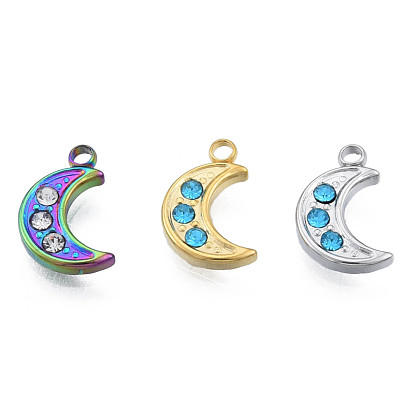 304 Stainless Steel Charms, with Rhinestone, Moon